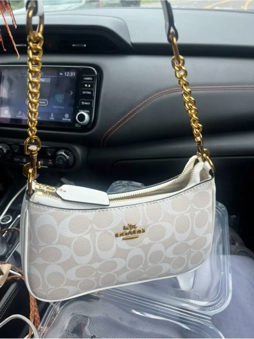 Coach Cream Signature Canvas Shoulder Bag with Gold Chain